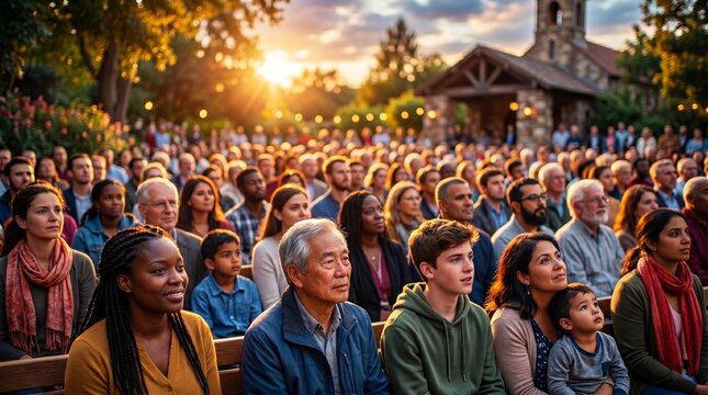 Diverse crowd of people sitting on benches during an outdoor Pentecost church service. Multiethnic congregation at sunset. Community religious gathering, spirituality and faith concept