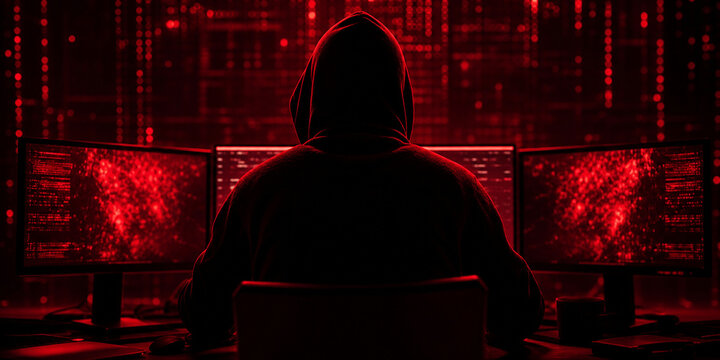 Hacker Hoodie Silhouette Facing Red Glowing Cyber Screens