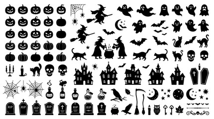 Obraz premium Halloween silhouette collection featuring pumpkins, witches, ghosts, bats, and haunted houses.