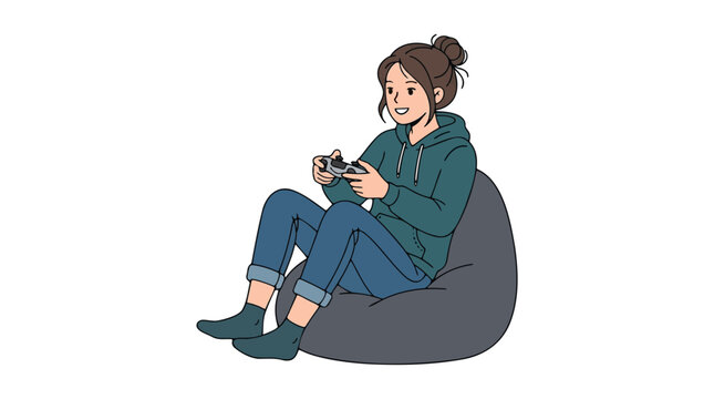Young Woman Playing Video Games Sitting on Bean Bag Chair Enjoying Leisure Time