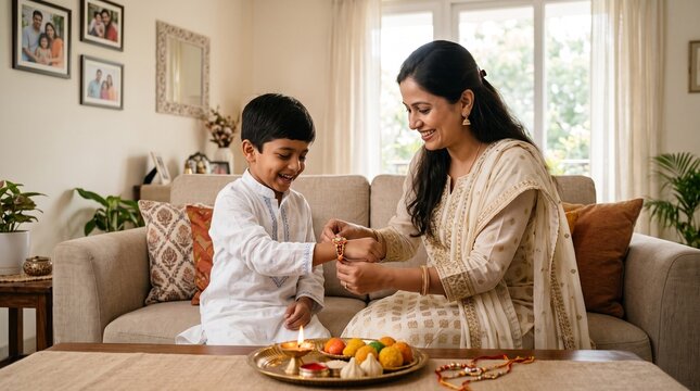 Celebrating raksha bandhan festival sister tying rakhi on brothers wrist love