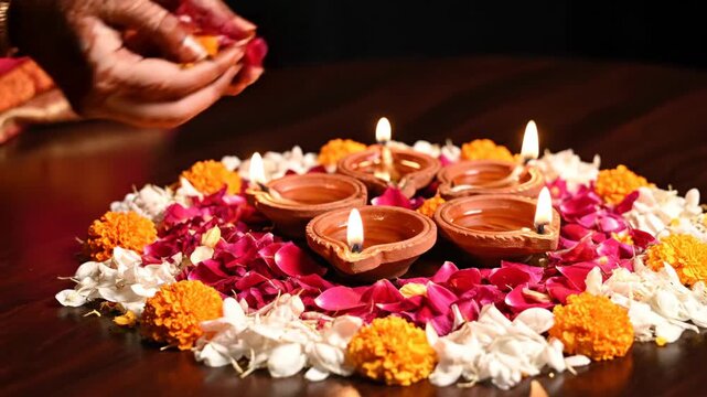 Henna hands sprinkling rose petals over glowing Diwali diyas.
