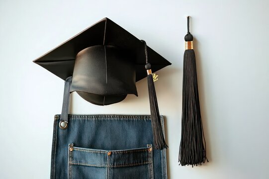 black graduation cap and tassel displayed above a denim jeans pocket, evoking celebration and academic achievement