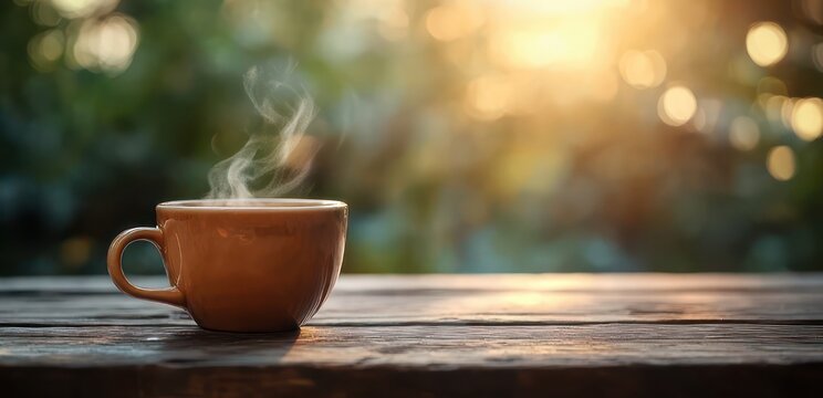 steaming ceramic cup on a weathered wooden table at sunrise with warm bokeh garden background and a peaceful calm morning mood