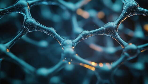 translucent blue interconnected lattice of spherical nodes and liquid-like struts with tiny glowing amber particles, intricate microscopic structure evoking curiosity and futuristic wonder