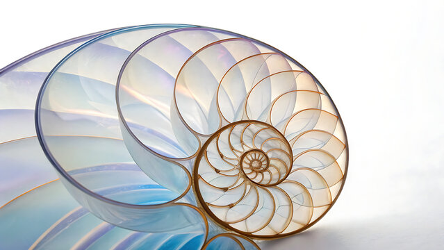 Macro nautilus shell isolated on white. Abstract spiral seashell with iridescent texture.