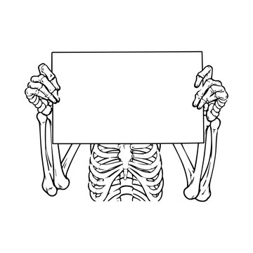 Human skeleton holding blank rectangular sign with both hands, empty space for text.