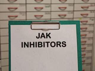 JAK INHIBITORS oncology or hematology topic for cancer and supportive therapy displayed on a clipboard in a pharmacy © Semi