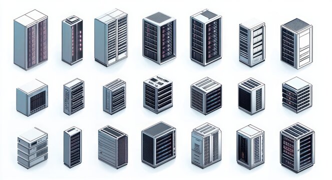 Isometric array of server racks and network cabinets with illuminated status lights arranged in neat rows, conveying a clean efficient technical environment