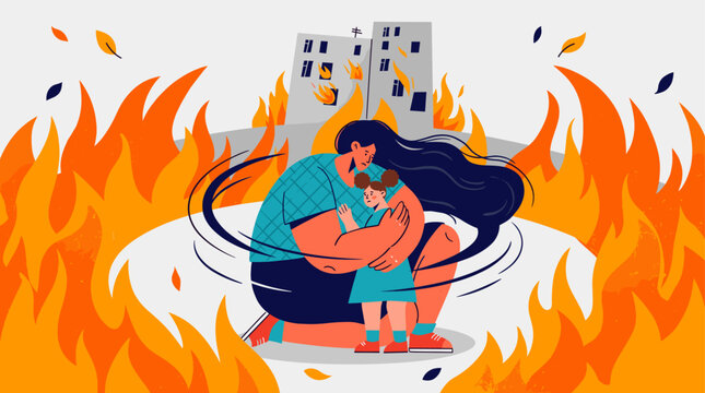 Protective mother shielding frightened child from raging fire and burning building in devastating war illustration.