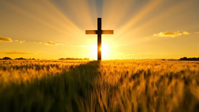 Cross stands majestically in the center of a golden wheat field as the sun sets with radiant beams of light illuminating the peaceful landscape.