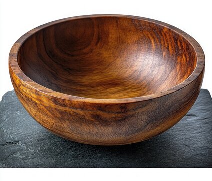 polished round wooden bowl with rich grain on a dark slate surface, empty and warm with a rustic handcrafted feel