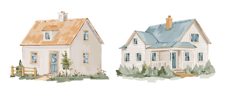 Watercolor farmhouse isolated clipart set. Hand painted country house illustrations for home decor, fabric, stationery, invitations, packaging, farmhouse branding and rustic themed designs.