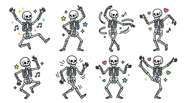 Set of eight dancing skeletons in various poses with musical notes and stars.