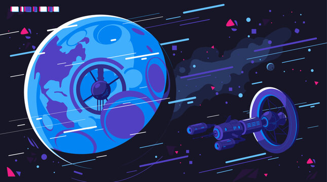 Futuristic space station orbiting distant blue planet with satellites and spacecraft in retro synthwave style.