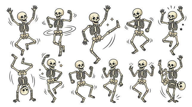 Set of funny dancing skeletons celebrating Halloween.