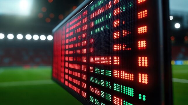 Close-up of red and green LED substitution board on pitch edge at illuminated stadium with floodlights and blurred stands, glowing with tense anticipation
