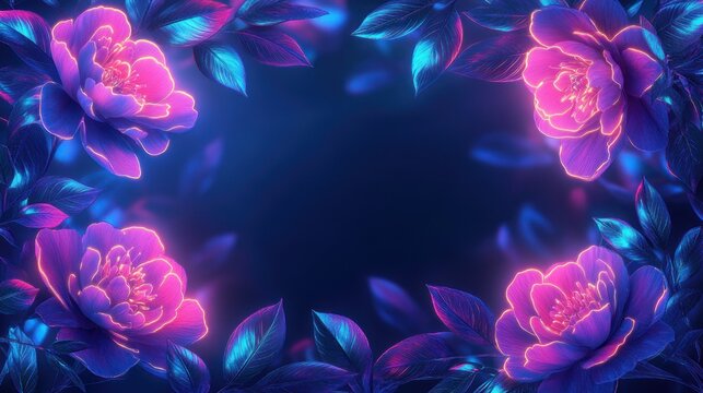 Glowing neon pink and purple blossoms with metallic blue leaves framing a dark central space, floating petals and soft luminous highlights creating a dreamy magical mood
