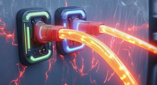 two glowing molten energy cables plugged into illuminated neon wall ports with electric sparks and heat trails, a futuristic intense and dangerous power surge