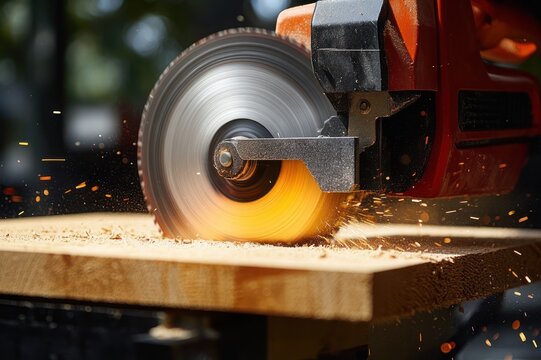 Close-up of spinning circular saw blade cutting a wooden plank, sending sparks and sawdust flying, dynamic intense woodworking action