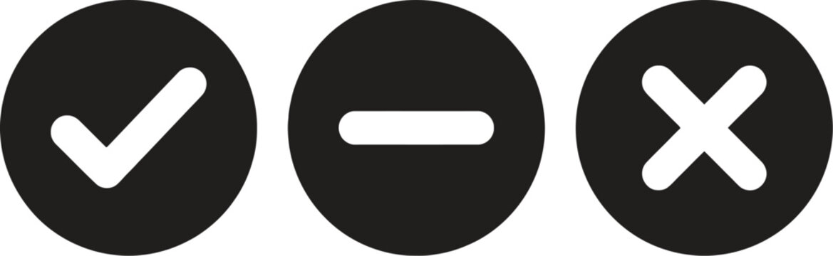 Set of simple black circular icons including a check mark a minus sign and an x symbol for feedback and selection.