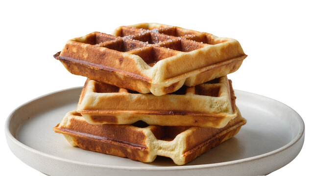 Isolated stack of three golden brown waffles with granulated sugar on a speckled ceramic plate