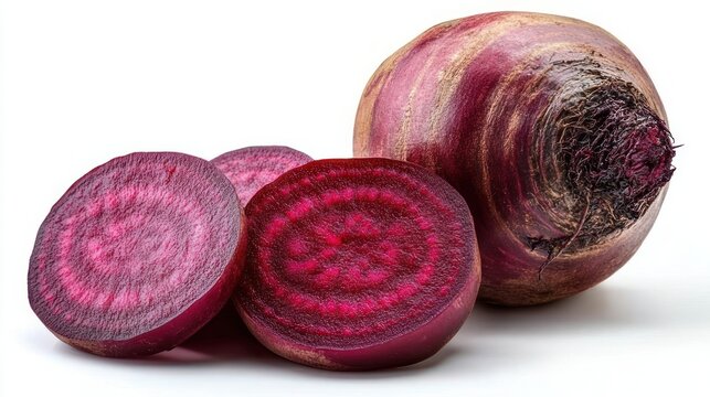 whole raw beetroot with two vibrant sliced rounds showing concentric rings on white background, fresh earthy and vivid