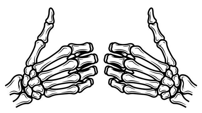 Skeleton Hands Giving Thumbs Up Gesture in Line Art Style.