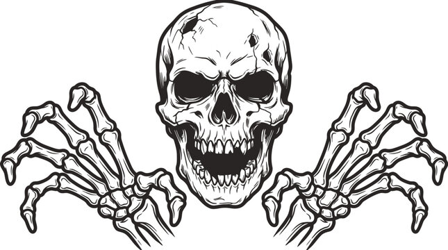 Spooky Human Skull and Skeleton Hands Halloween Illustration.