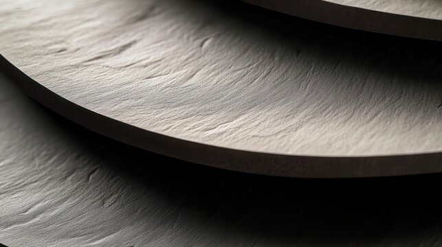 Close-up of overlapping textured circular layers with rough surfaces and dark edges, soft shadows creating a calm minimalist and elegant sculptural composition