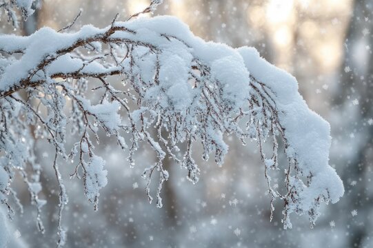 snow-laden tree branch bowed under fresh powder with delicate icicles and falling flakes in soft golden winter light, calm and peaceful mood