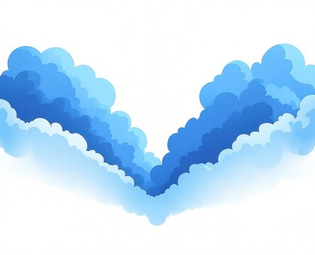 Layered blue cloud shapes forming a symmetrical V chevron on a white background with soft gradients and rounded scalloped edges conveying a calm, uplifting atmosphere