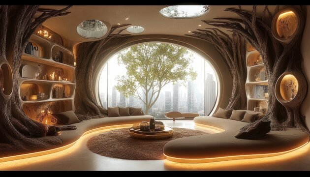 Serene cozy organic living room with curved seating, tree-like columns, built-in shelves, skylights and a large circular window framing a tree and city skyline, warm ambient lighting