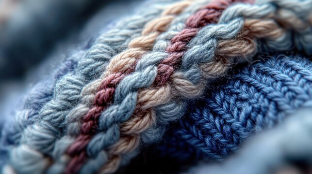 macro close-up of braided blue and beige yarn cable knit with maroon accent on soft knitted fabric conveying cozy warmth and tactile comfort