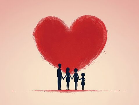 silhouetted family of four holding hands beneath a large painted red heart expressing love and togetherness