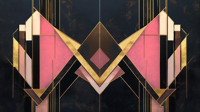 Symmetrical geometric design with pink panels and gold metallic accents on a dark textured background, elegant and luxurious