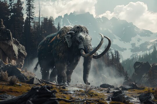 Majestic mammoth in its natural habitat with large long tusks