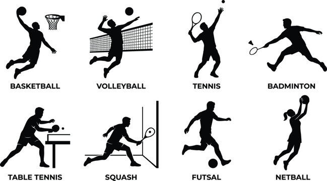 Sports players silhouette set including basketball volleyball tennis badminton table tennis squash futsal and netball vector illustration