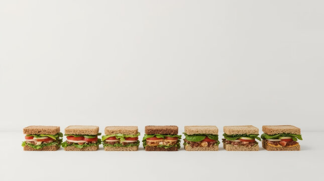 Assorted mini sandwiches aligned in minimalist row with fresh lettuce and tomato