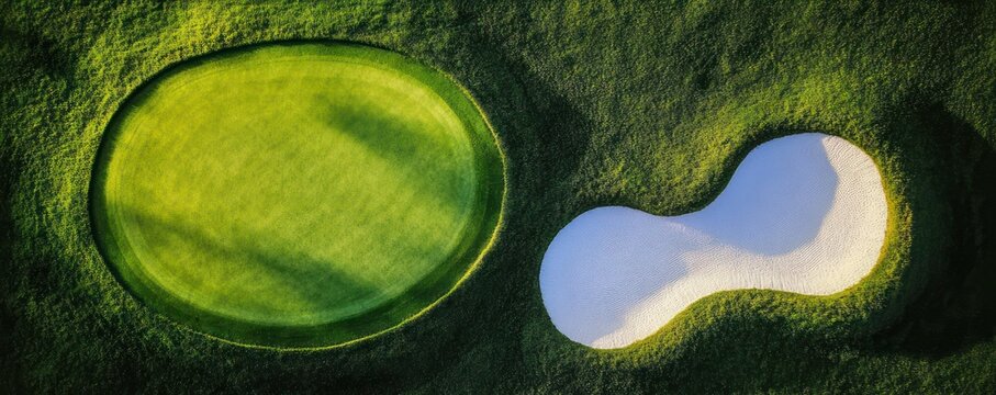 Aerial view of circular putting green and kidney-shaped white sand bunker on meticulously manicured grass, serene light and tranquil precision