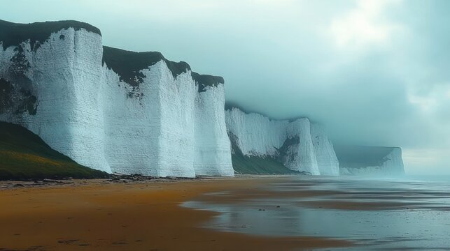 Misty chalk sea cliffs with grassy tops overlooking a reflective sandy beach under a moody cloudy sky, calm and melancholic coastal landscape