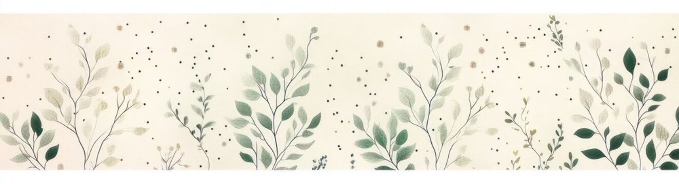 soft watercolor green leafy branches and stems with subtle gold speckles on a warm beige background, calming botanical horizontal banner