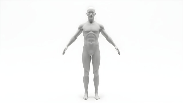 A Full Length 3D Anatomical Render of a Neutral Male Human Form Standing in T-Pose Isolated on a Clean White Studio Background