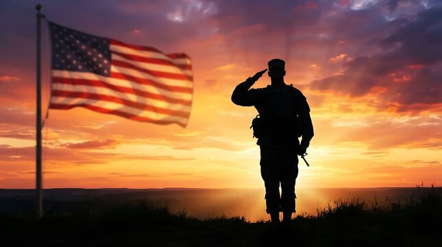 American soldier saluting flag at sunset patriotic military tribute