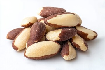 Obraz premium close-up pile of shelled brazil nuts on white background, creamy nut kernels with brown skins, inviting wholesome texture