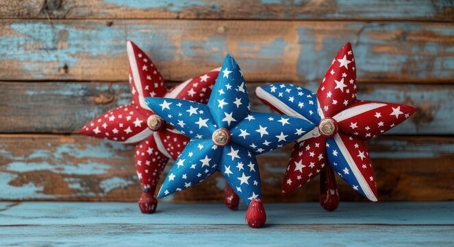 Three wooden star-shaped pinwheels painted red and blue with white stars on a weathered turquoise tabletop and rustic wooden backdrop, evoking nostalgic patriotic cheer