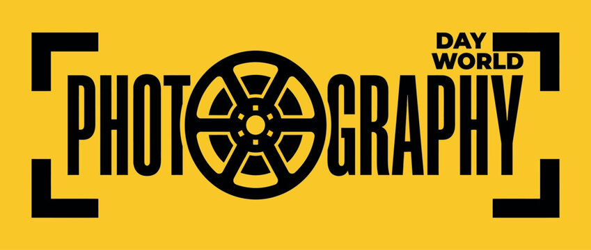 World Photography Day typography banner with camera aperture icon, minimalist black and yellow graphic for professional photographers, creative media event poster and social media vector