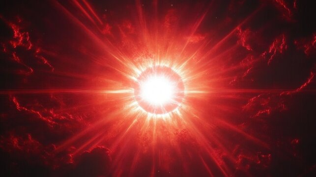 blinding white core with red radiating rays and swirling dark red clouds, dramatic intense cosmic burst conveying power and awe