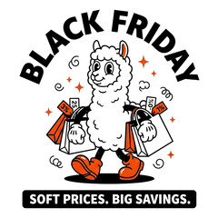 Fototapeta premium Cartoon llama character carrying shopping bags for black friday