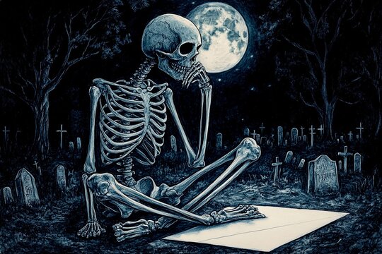 Skeleton sits cross legged in graveyard under full moonlight